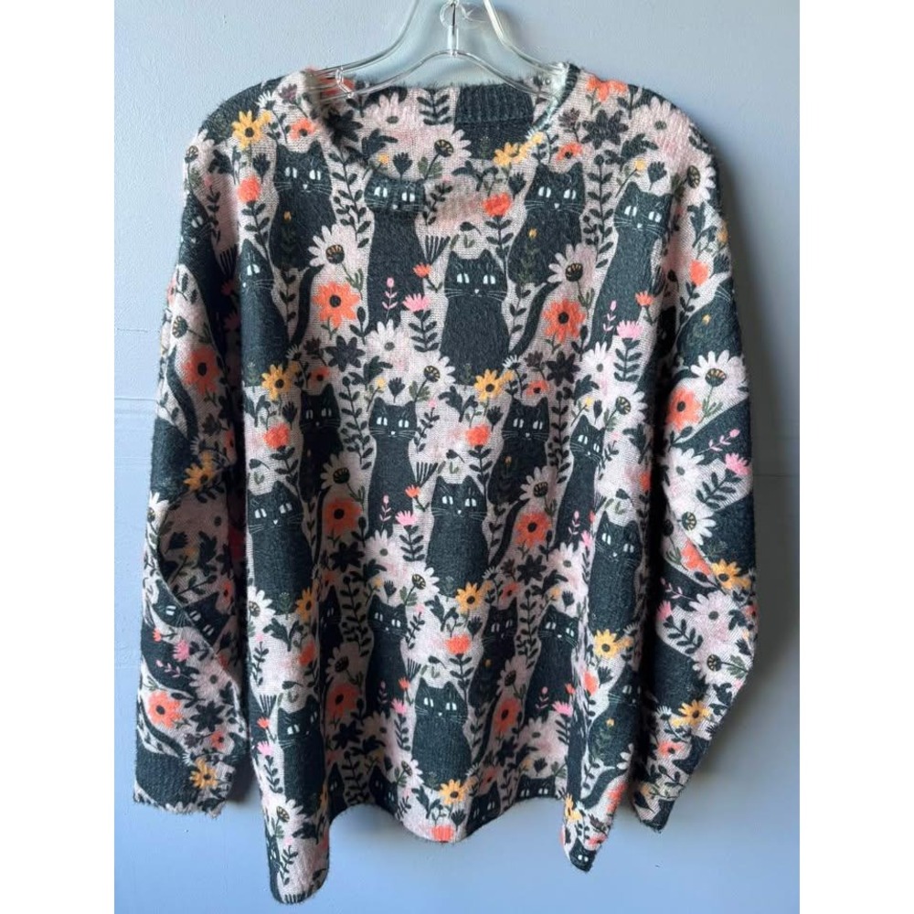 Unbranded Black Cat Floral Fuzzy Knit Crewneck Sweater Pink Orange Large/XL